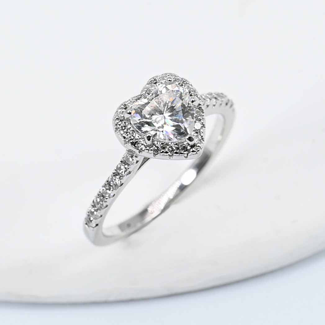 Sterling Silver Lab Grown Heart Shaped Moissanite Diamond Ring