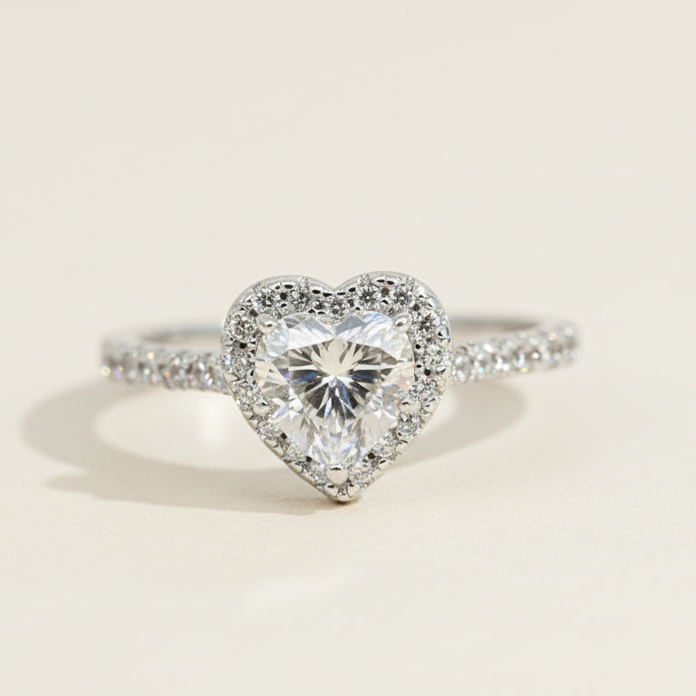 Heart-shaped lab-grown diamond halo ring in platinum-plated sterling silver with pavé band