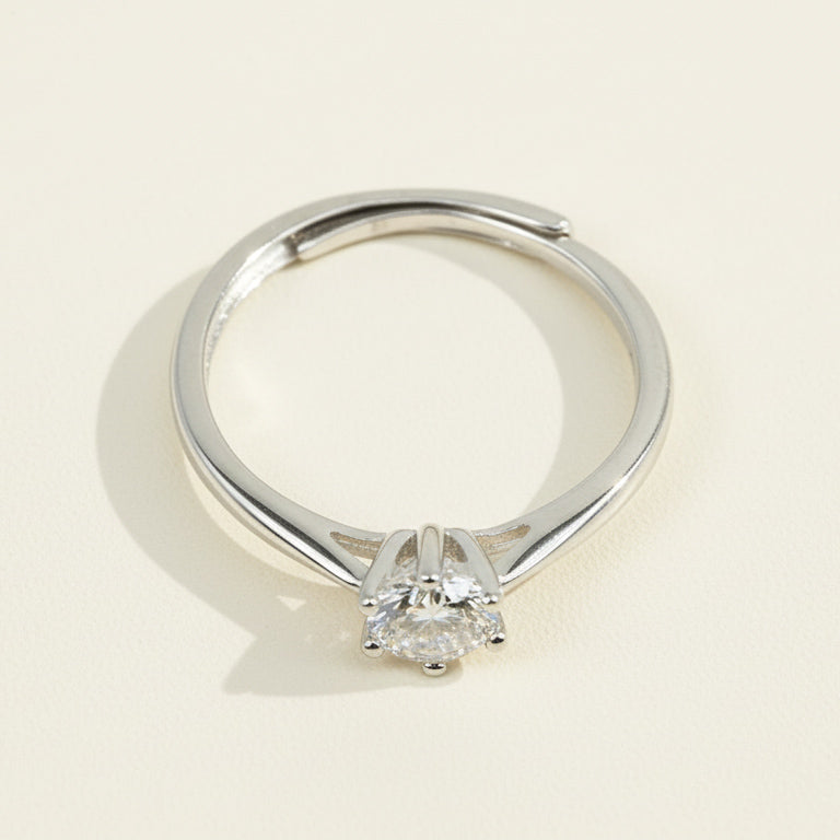 Top view of sterling silver solitaire engagement ring with round lab-grown diamond