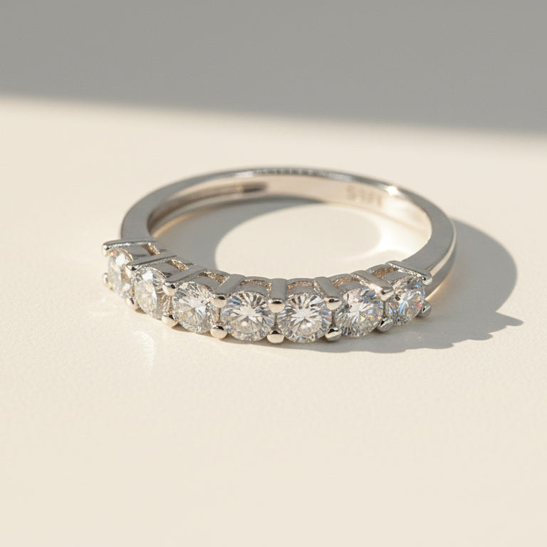 Sterling silver eternity band with seven brilliant-cut lab-grown diamonds in claw settings, 0.7ct total weight