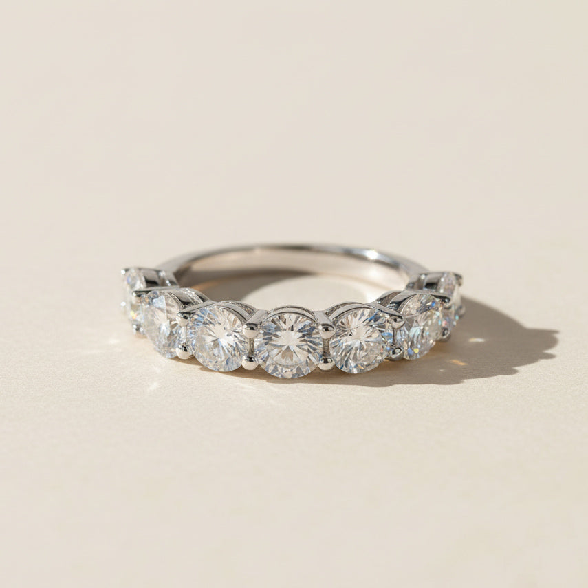 Sterling silver 3.5ct lab-grown diamond eternity ring with seven round brilliant-cut moissanite stones
