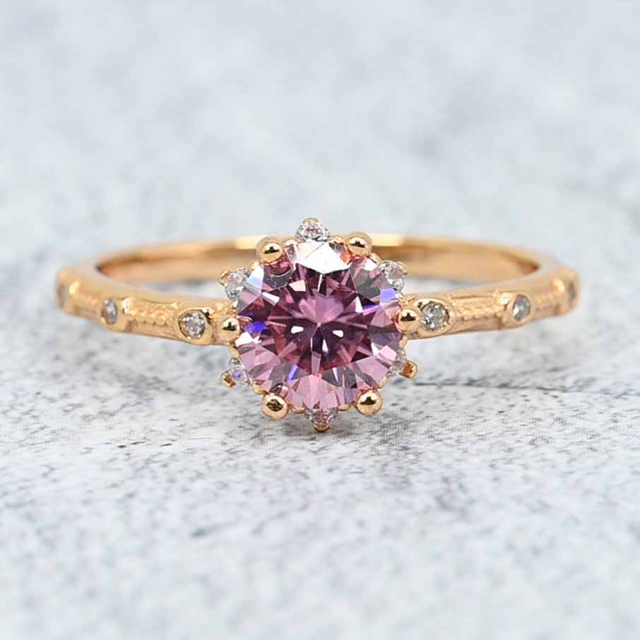 Six-claw Flower Design Gold Plated Sterling Silver Pink Round Lab Grown Moissanite Diamond Ring