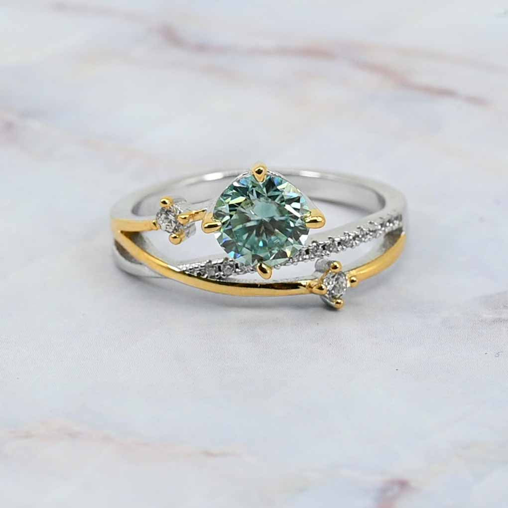 Sterling Silver Green Round Lab Grown Moissanite Diamond and Two White Lab Grown Diamond Ring