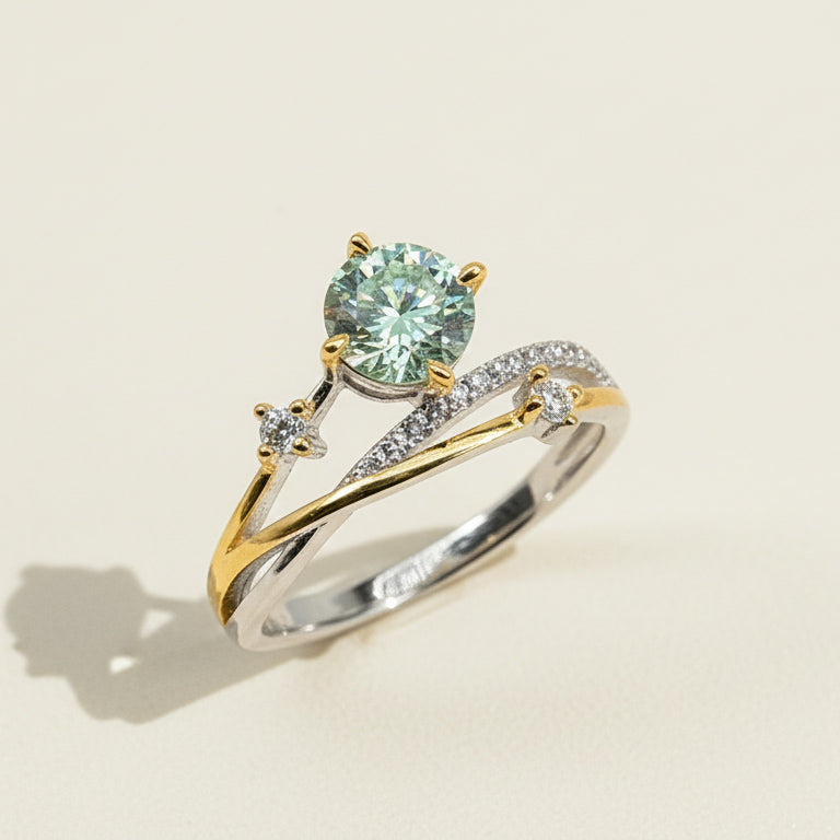 Two-tone gold and silver ring with 1.0ct green lab-grown diamond and pavé accents