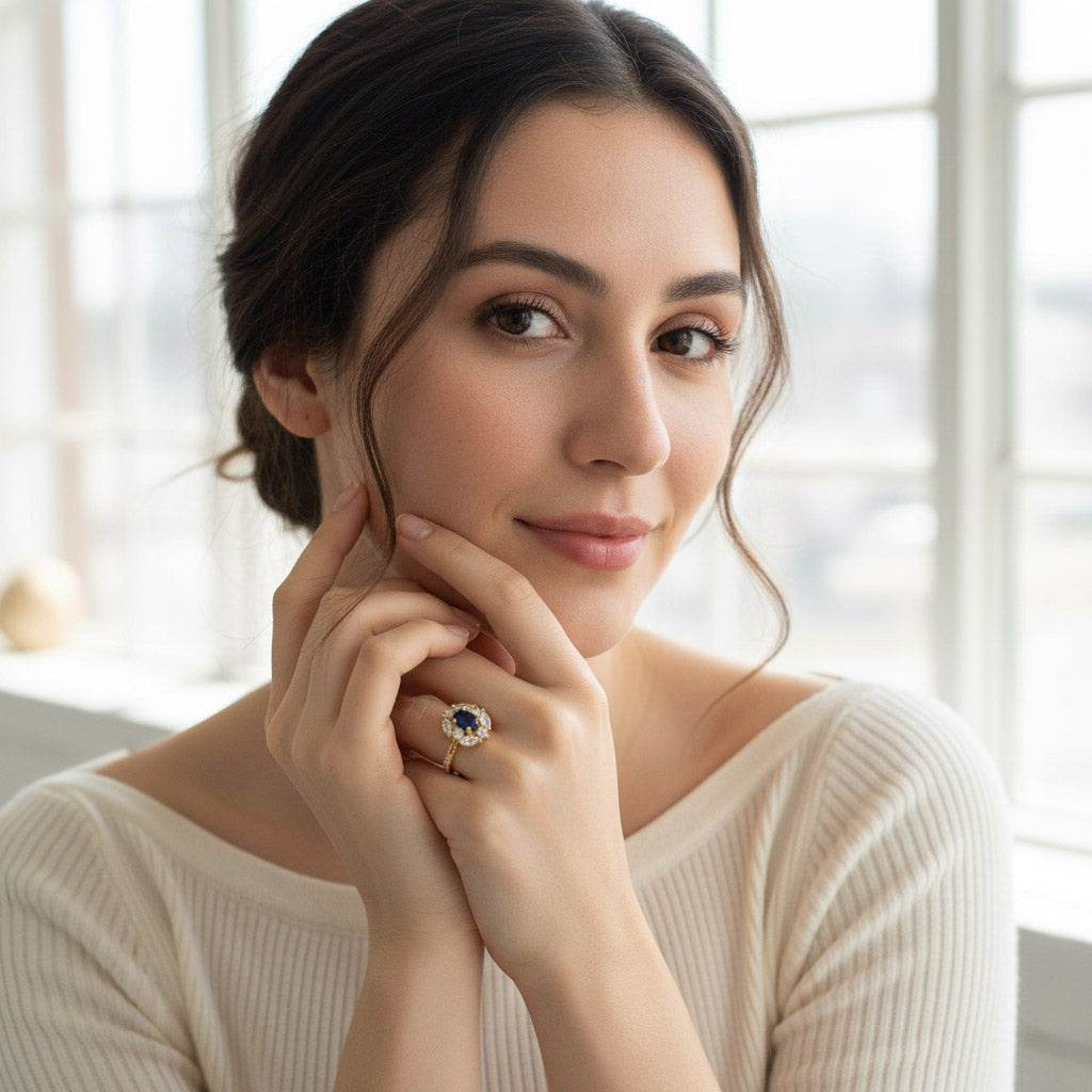 Model showcasing elegant blue sapphire halo ring with gold finish and diamond accents