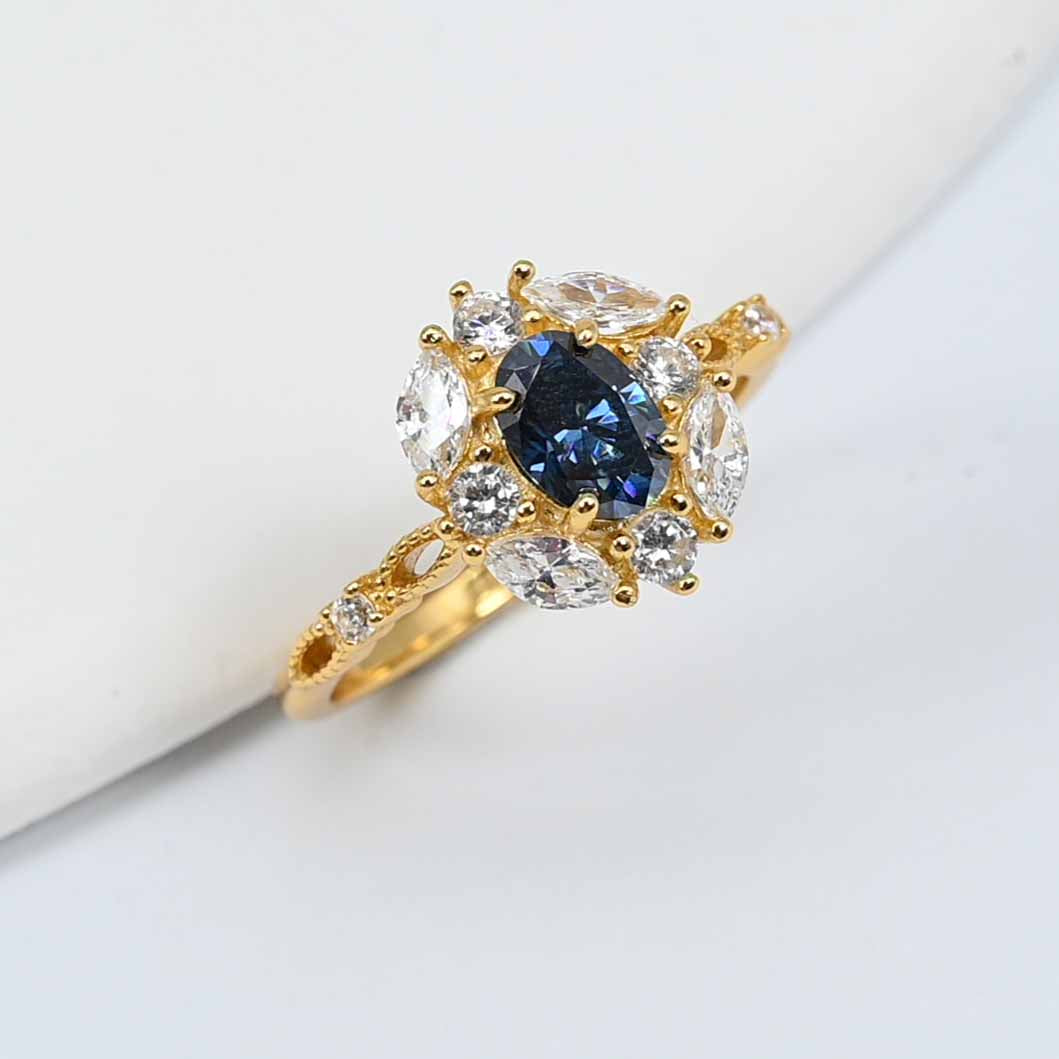 1.0ct Blue Oval Lab Moissanite Diamond Cluster Ring – Gold Plated Silver