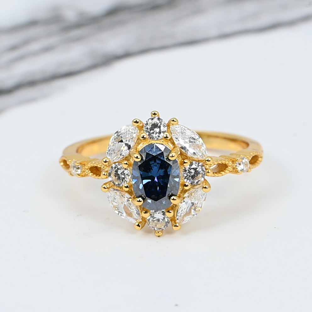 1.0ct Blue Oval Lab Moissanite Diamond Cluster Ring – Gold Plated Silver