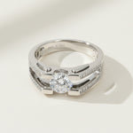 Front angle of men’s moissanite ring with pavé side accents in sterling silver