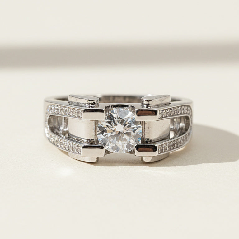 Platinum-plated silver moissanite ring with modern architectural band design
