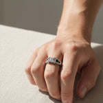 Model wearing sterling silver lab-grown diamond ring with 1.0ct round centerpiece