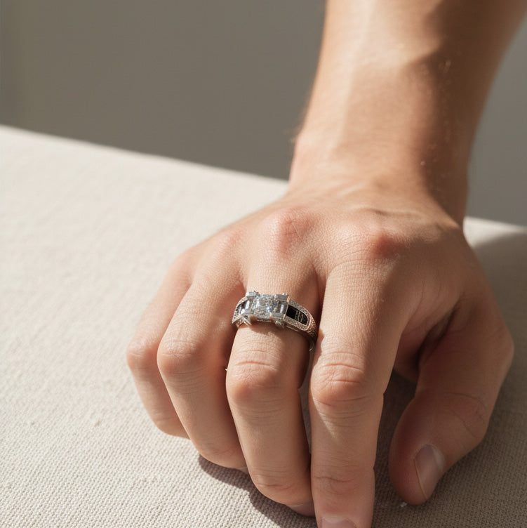 Model wearing sterling silver lab-grown diamond ring with 1.0ct round centerpiece