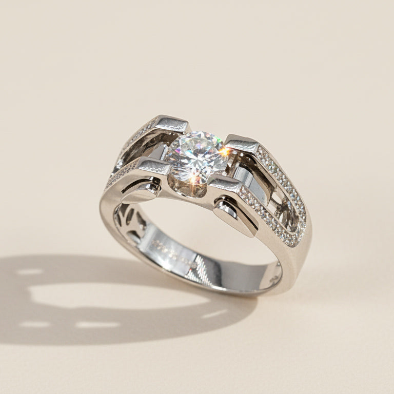 Sterling silver statement ring with 1.0ct round lab-grown diamond and geometric open design