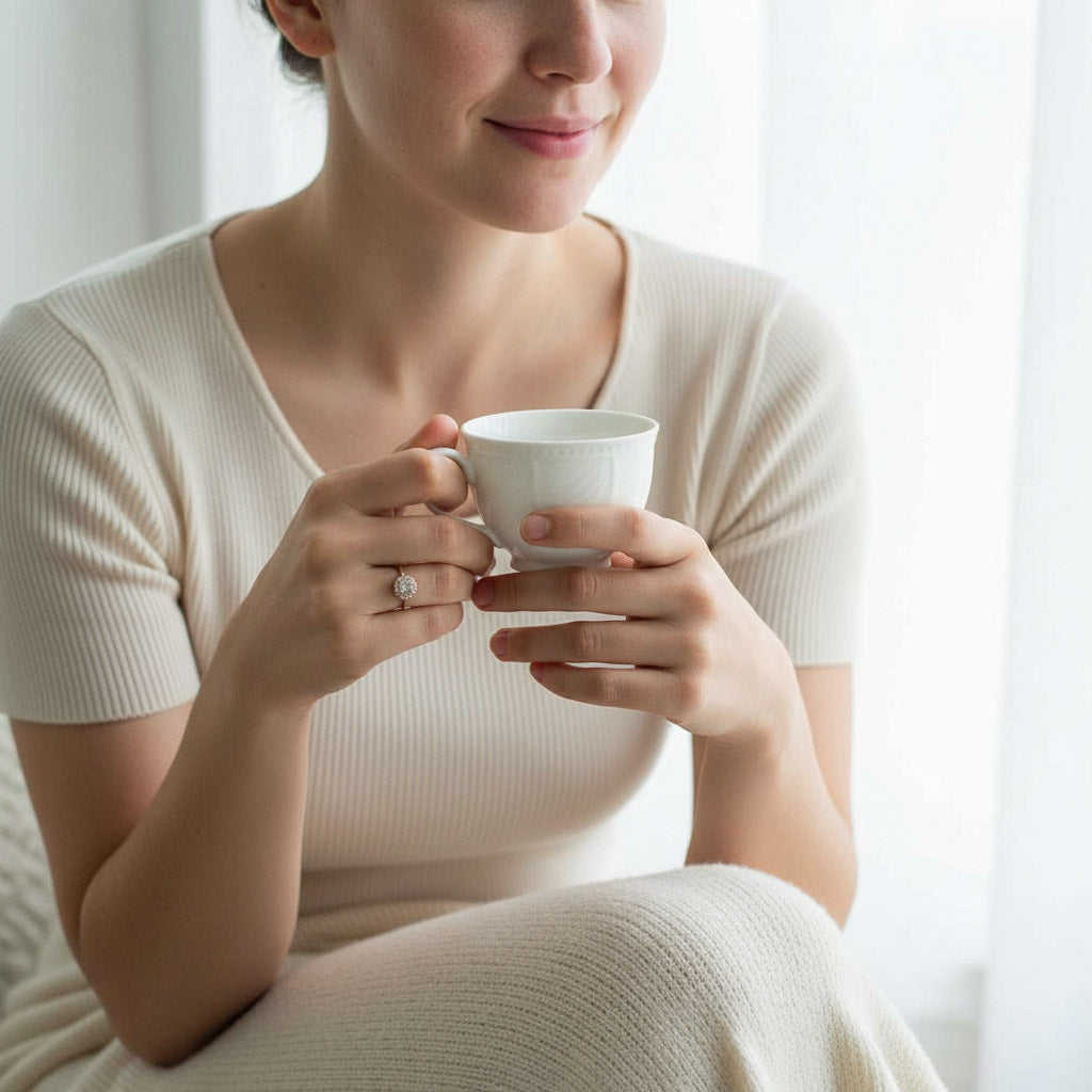 Woman wearing rose gold halo diamond ring, minimalist and elegant everyday jewelry look.