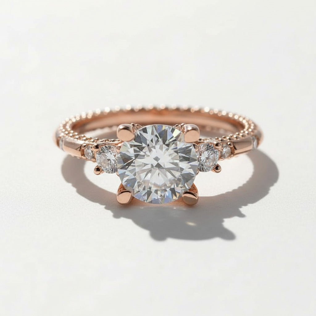 Front angle of 2ct D/VVS1 lab grown moissanite rose gold engagement ring