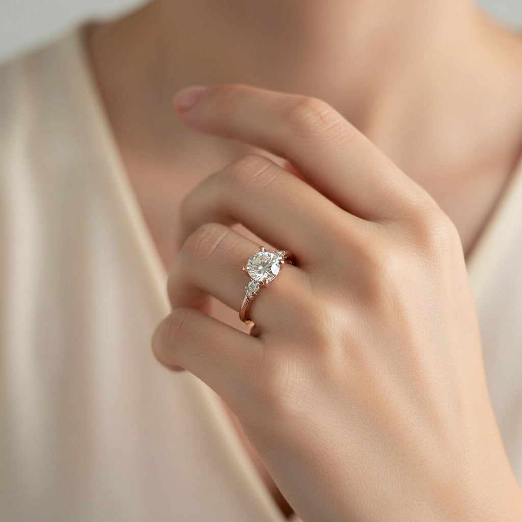 Close-up of rose gold moissanite engagement ring with 2ct round centre stone