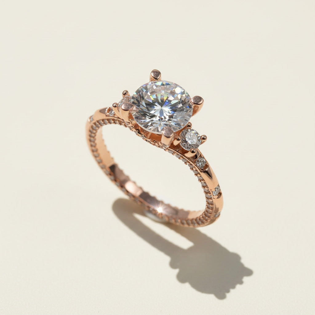 Detail shot of pavé rose gold band with brilliant moissanite centre stone