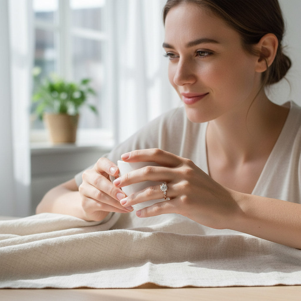 Woman wearing rose gold 2ct moissanite engagement ring indoors
