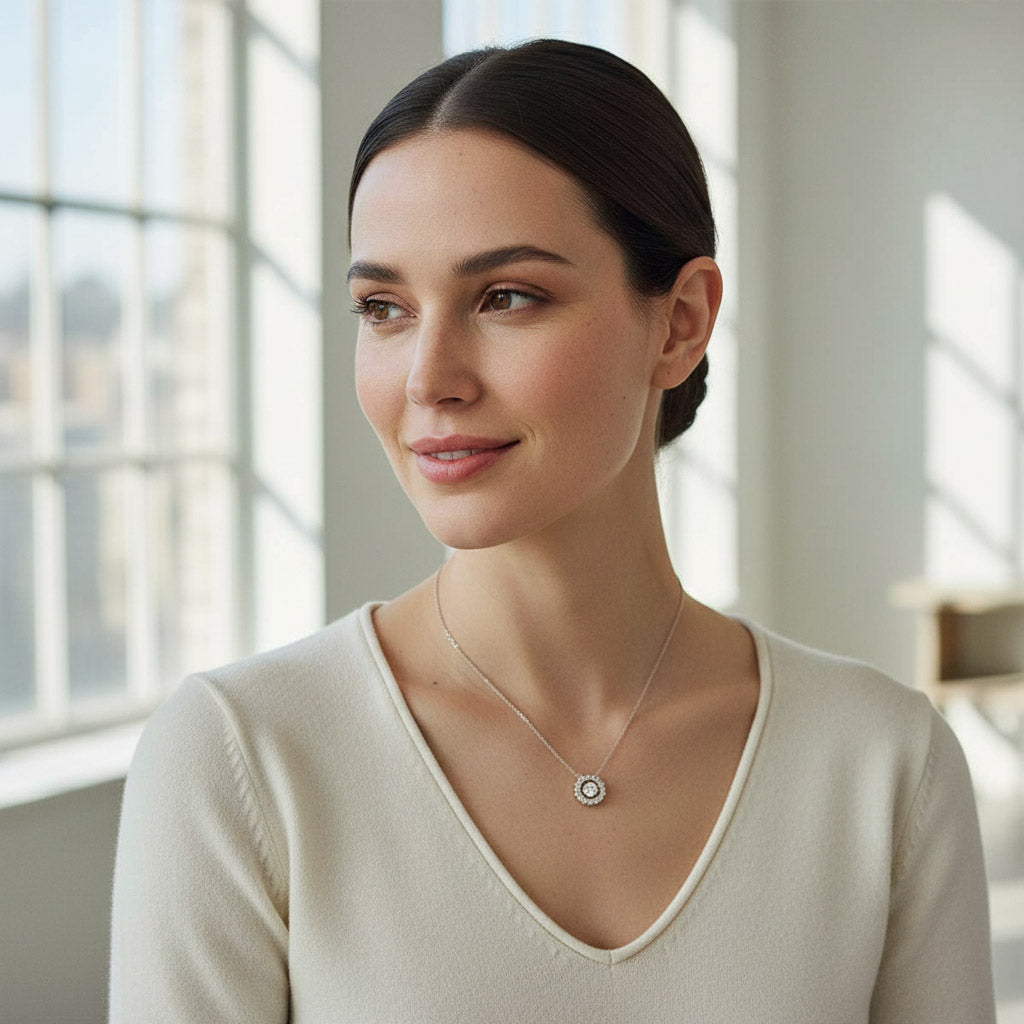 Model wearing 1ct dancing moissanite halo necklace