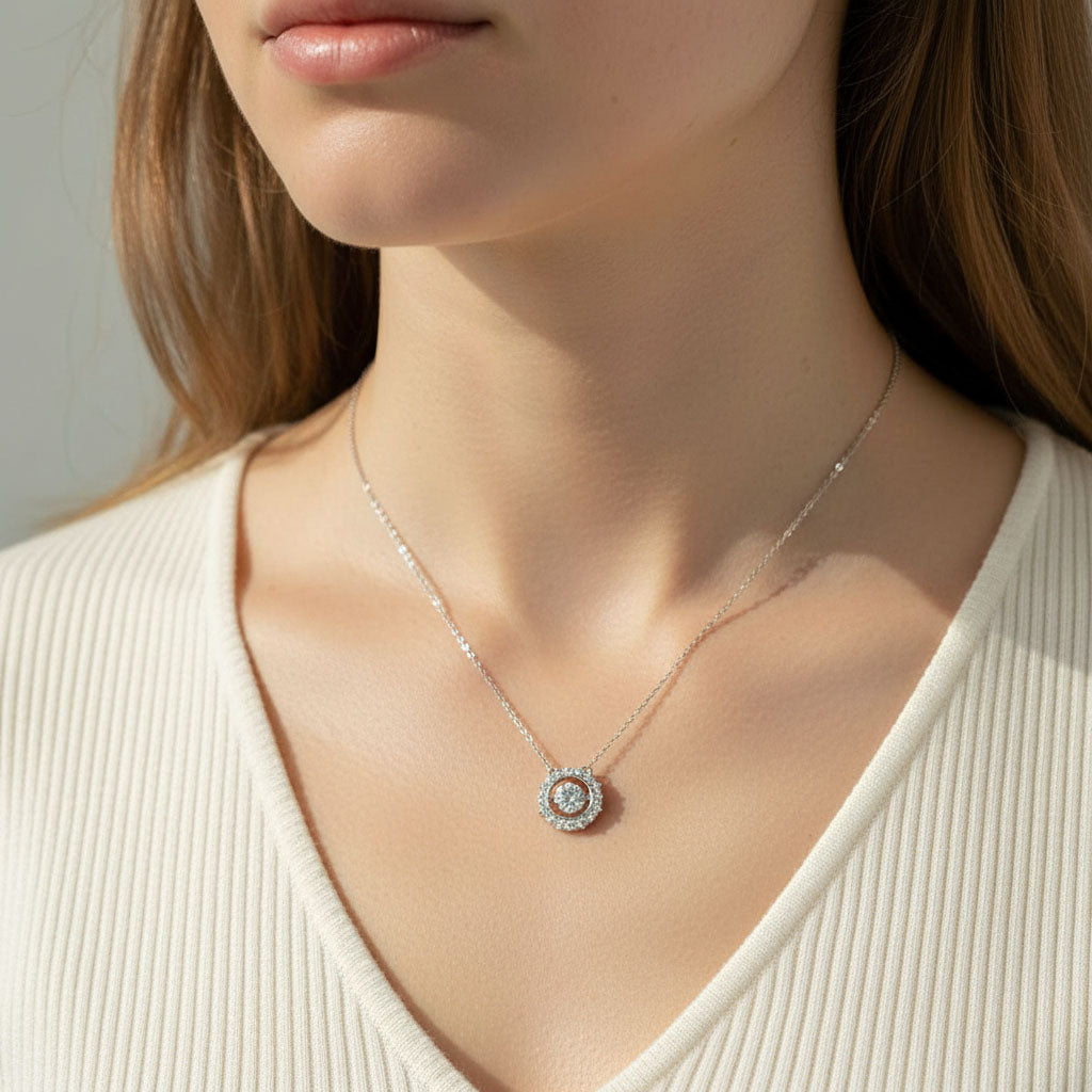 Model portrait showcasing dancing-stone moissanite necklace