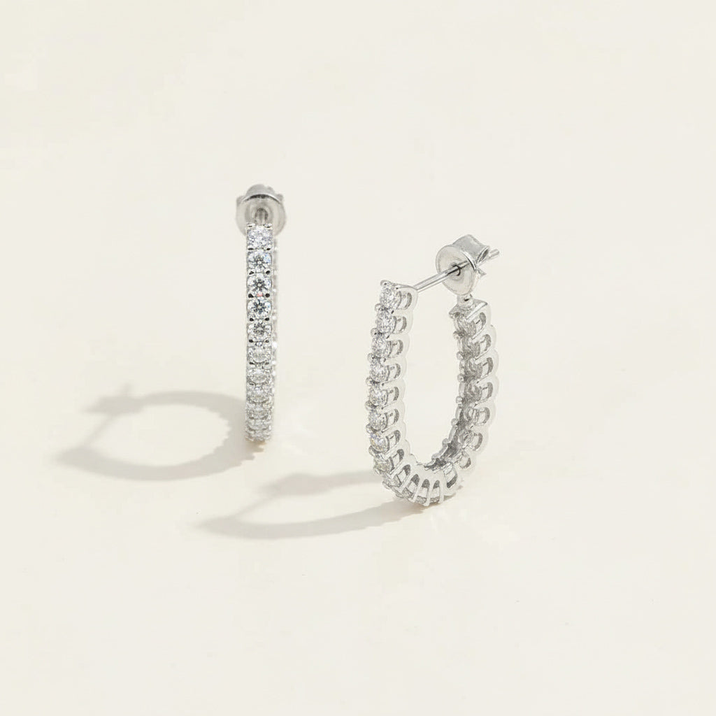Sterling silver lab-grown diamond hoop earrings, front and side view, open circle design