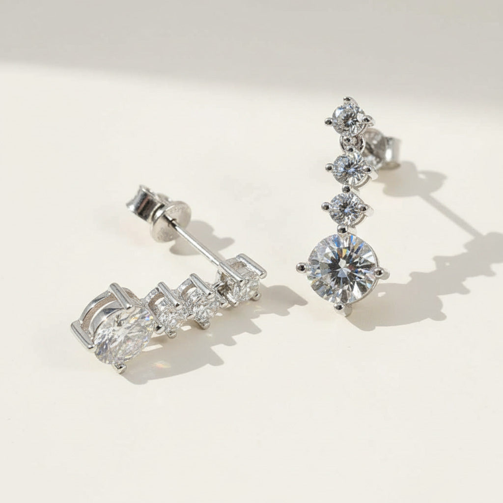 Four-stone sterling silver dangle earrings with brilliant cut lab-grown diamonds, total 2ct sparkle.