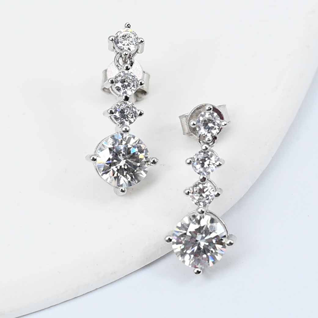 Sterling Silver Four Round Cut Lab Grown Diamond Drop Stud Earrings