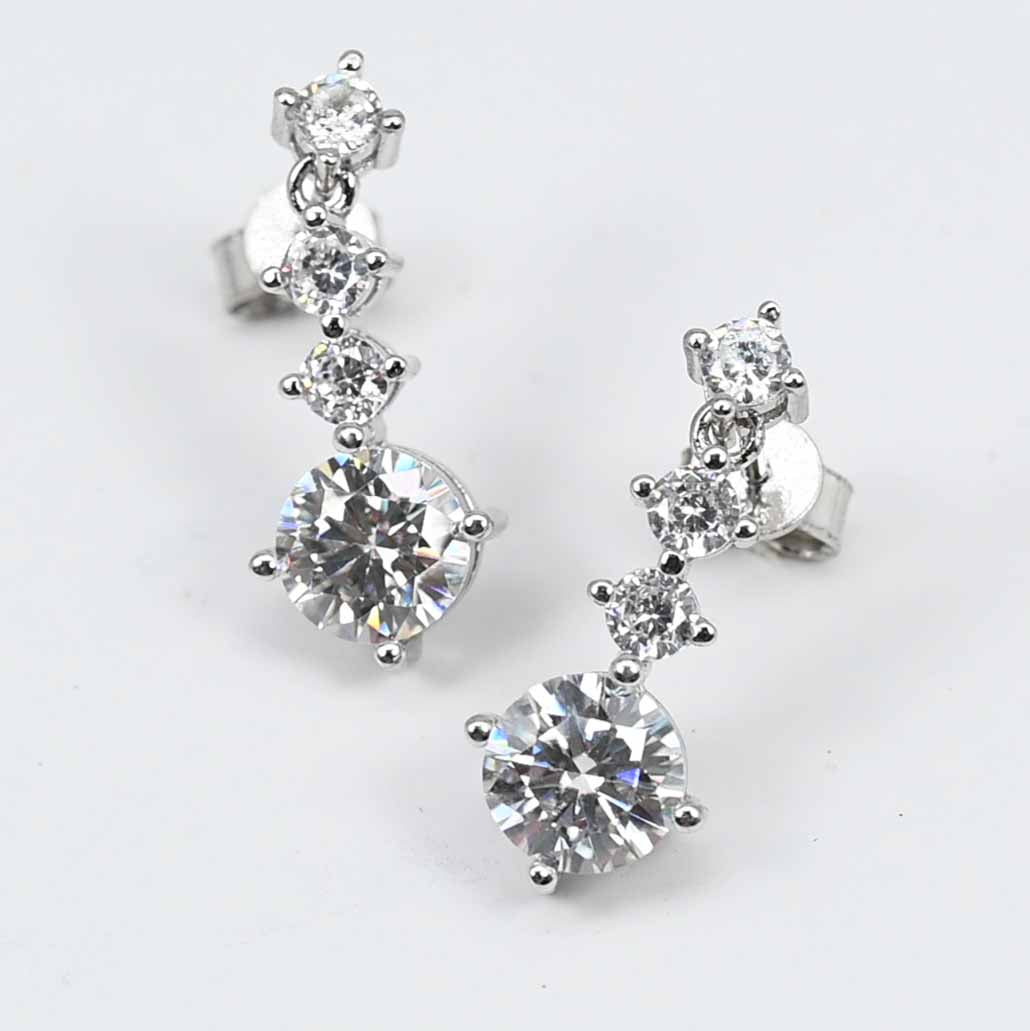 Sterling Silver Four Round Cut Lab Grown Diamond Drop Stud Earrings
