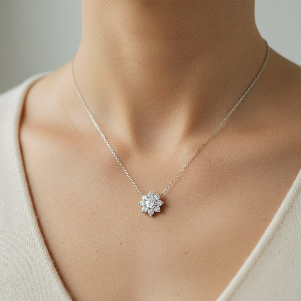 Model wearing 1ct floral halo lab grown moissanite necklace in platinum plated sterling silver, close-up view.