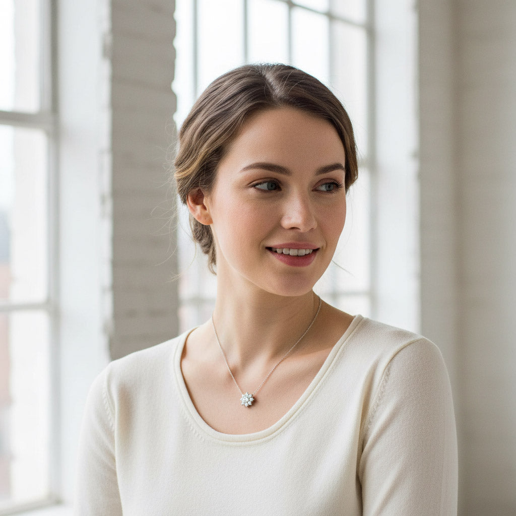 Portrait of woman wearing floral halo moissanite necklace, platinum plated S925 chain.