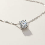 Sterling silver solitaire necklace with round lab-grown diamond pendant, classic minimalist design.