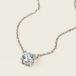 Platinum-plated sterling silver necklace with a round lab-grown moissanite solitaire pendant in a claw setting.