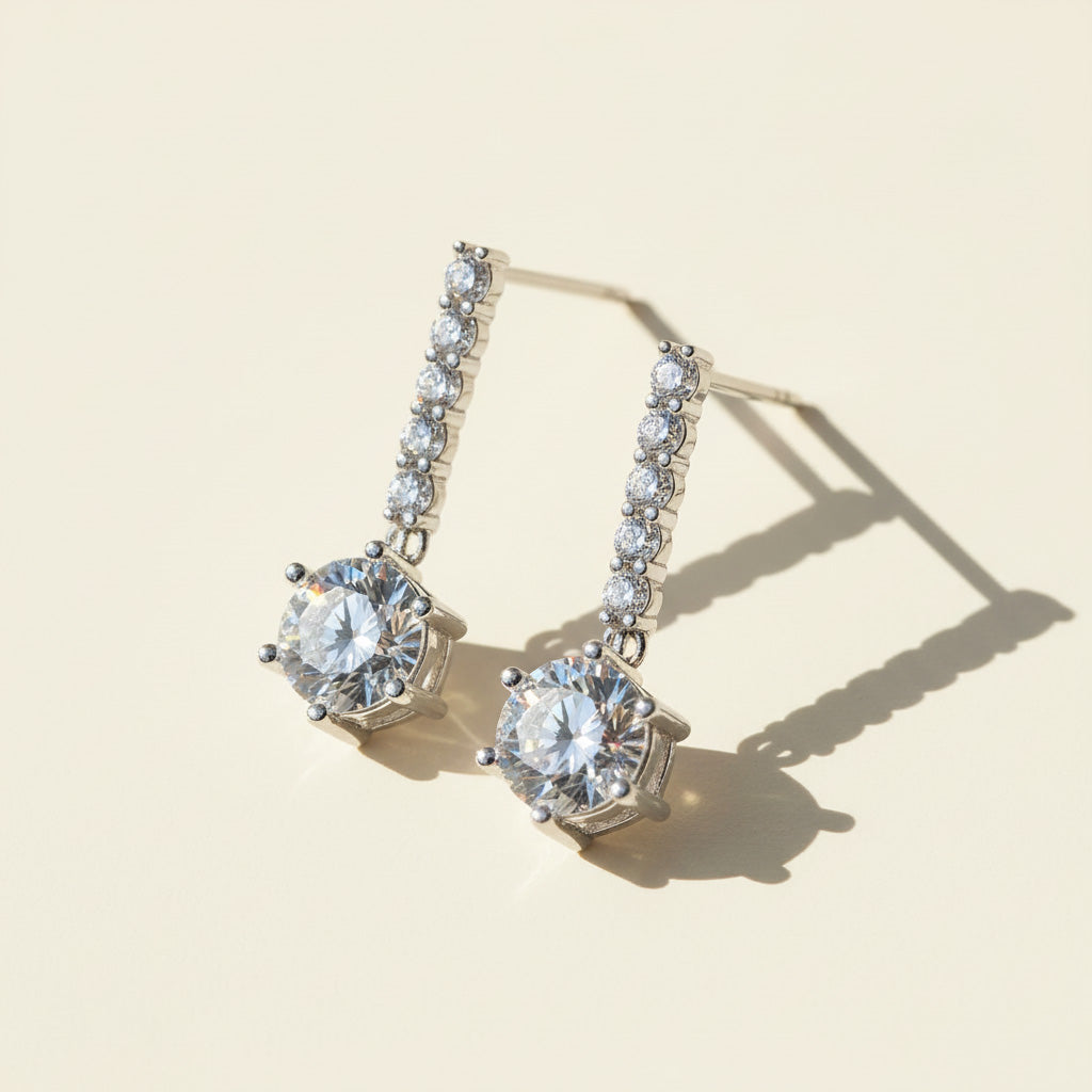1ct moissanite drop earrings with pavé row in platinum plated sterling silver