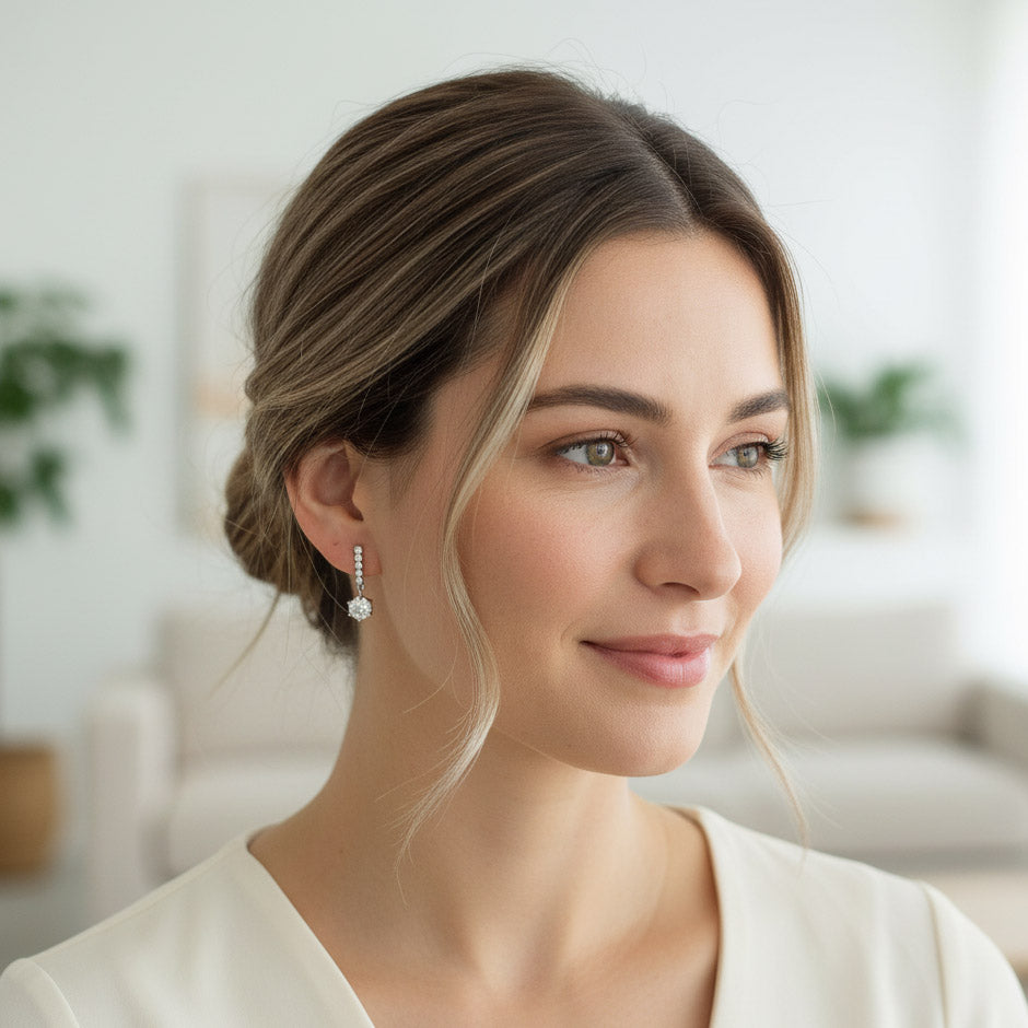 Woman wearing platinum S925 moissanite drop earrings with 1ct centre stones