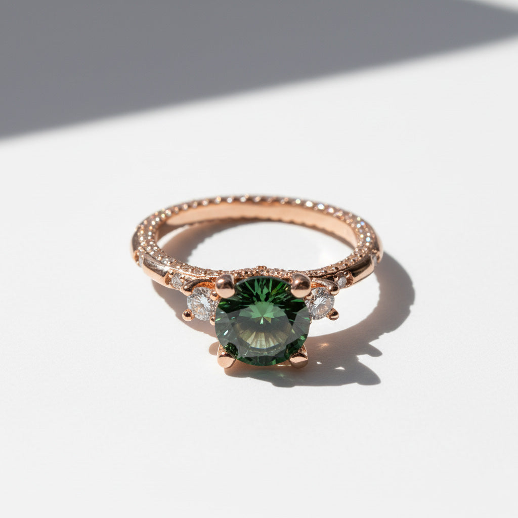 Rose gold ring with 2ct green moissanite and side stones in sunlight