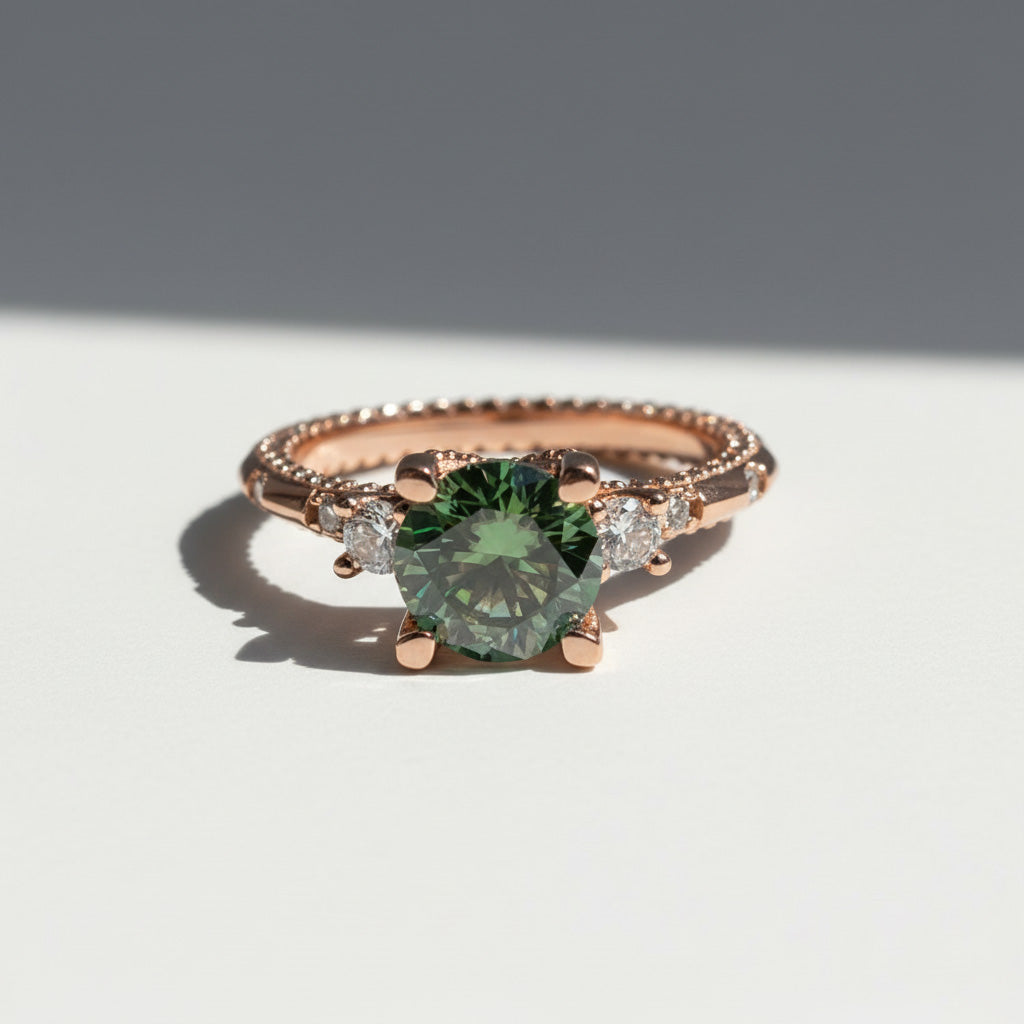Close-up of green moissanite engagement ring with rose gold band