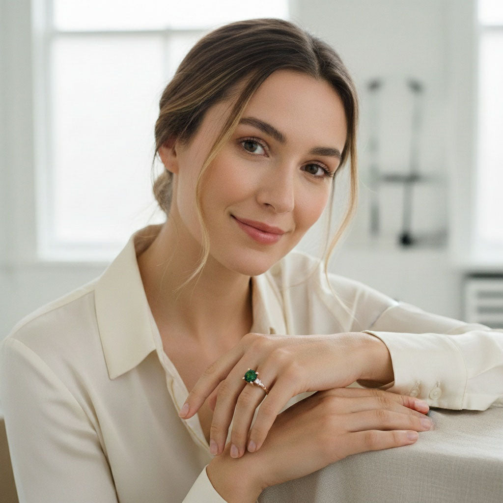 Model wearing 2ct green moissanite rose gold ring indoors