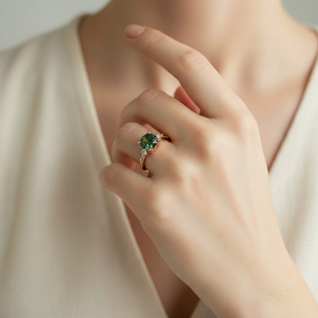 Green moissanite ring shown on hand with rose gold band
