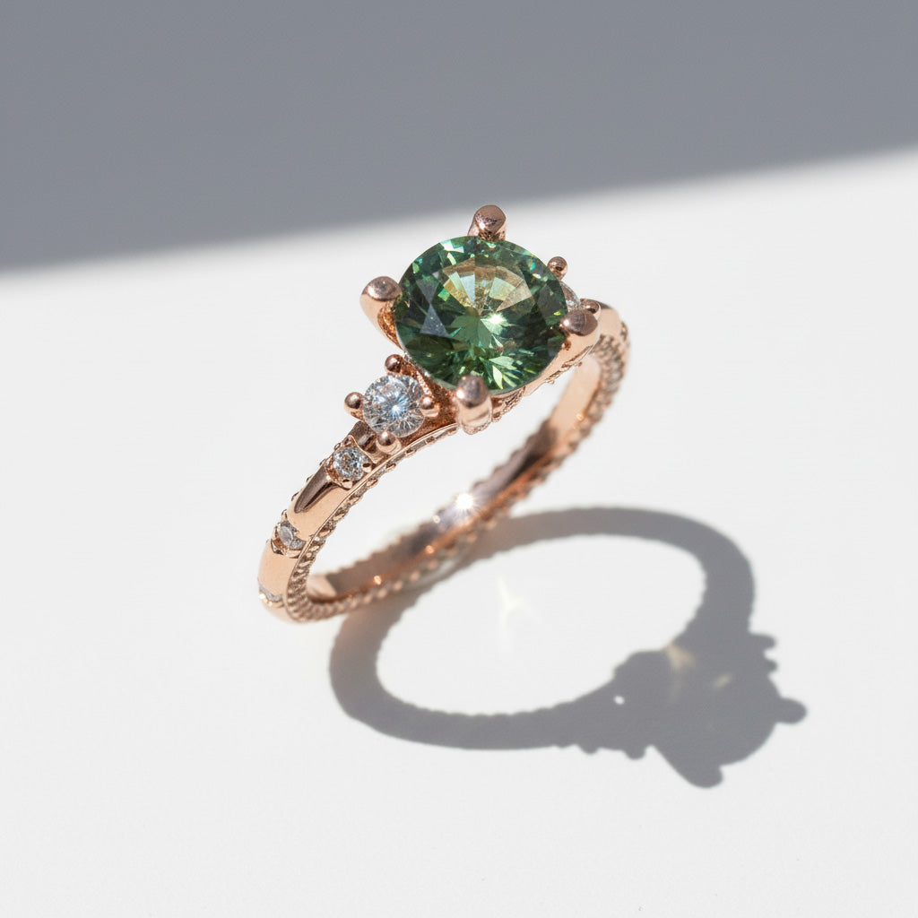 Rose gold ring with a round green moissanite center stone and side stones on white background.