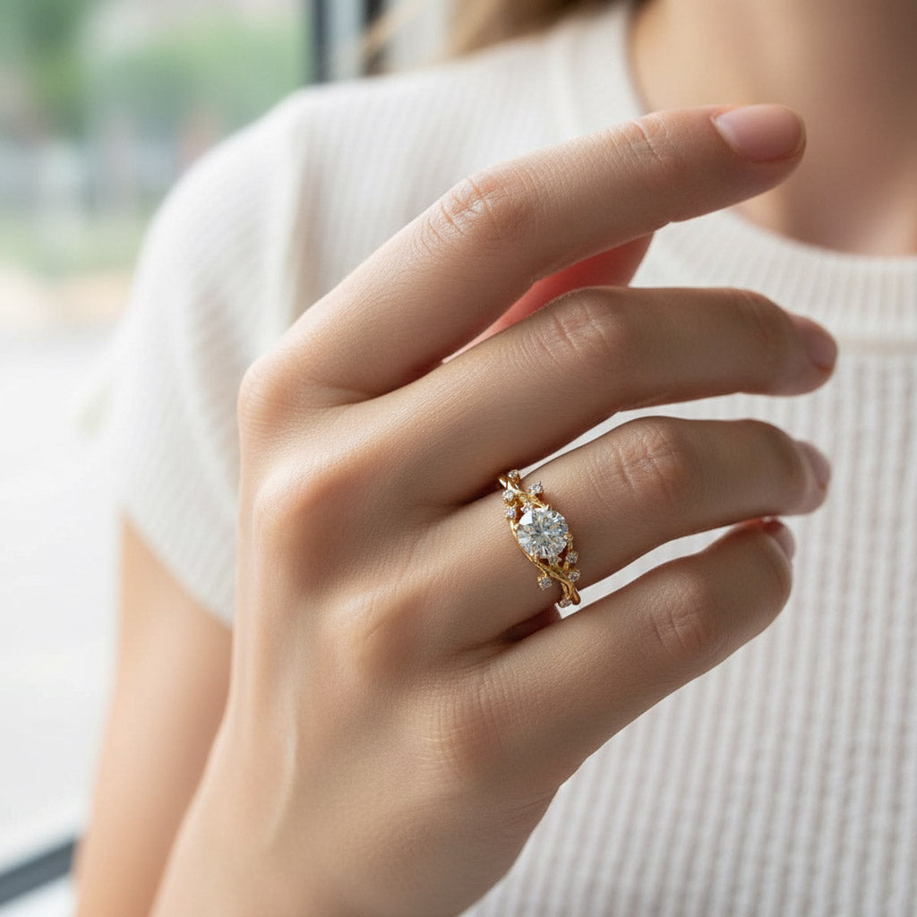Gold-plated vine-style moissanite ring with CZ accents shown on hand, elegant twisted band design by A2K London.