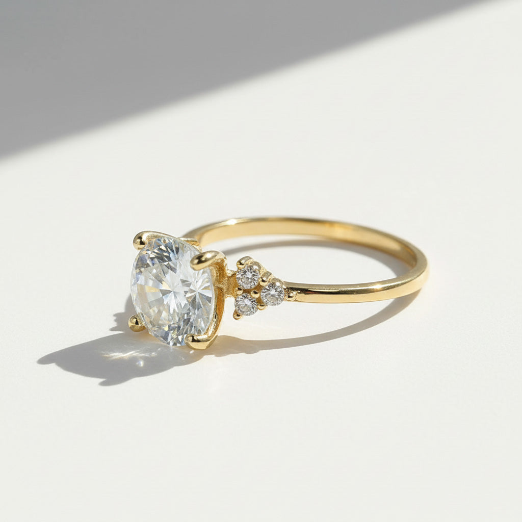 Side angle of gold 3ct moissanite ring with accent stones