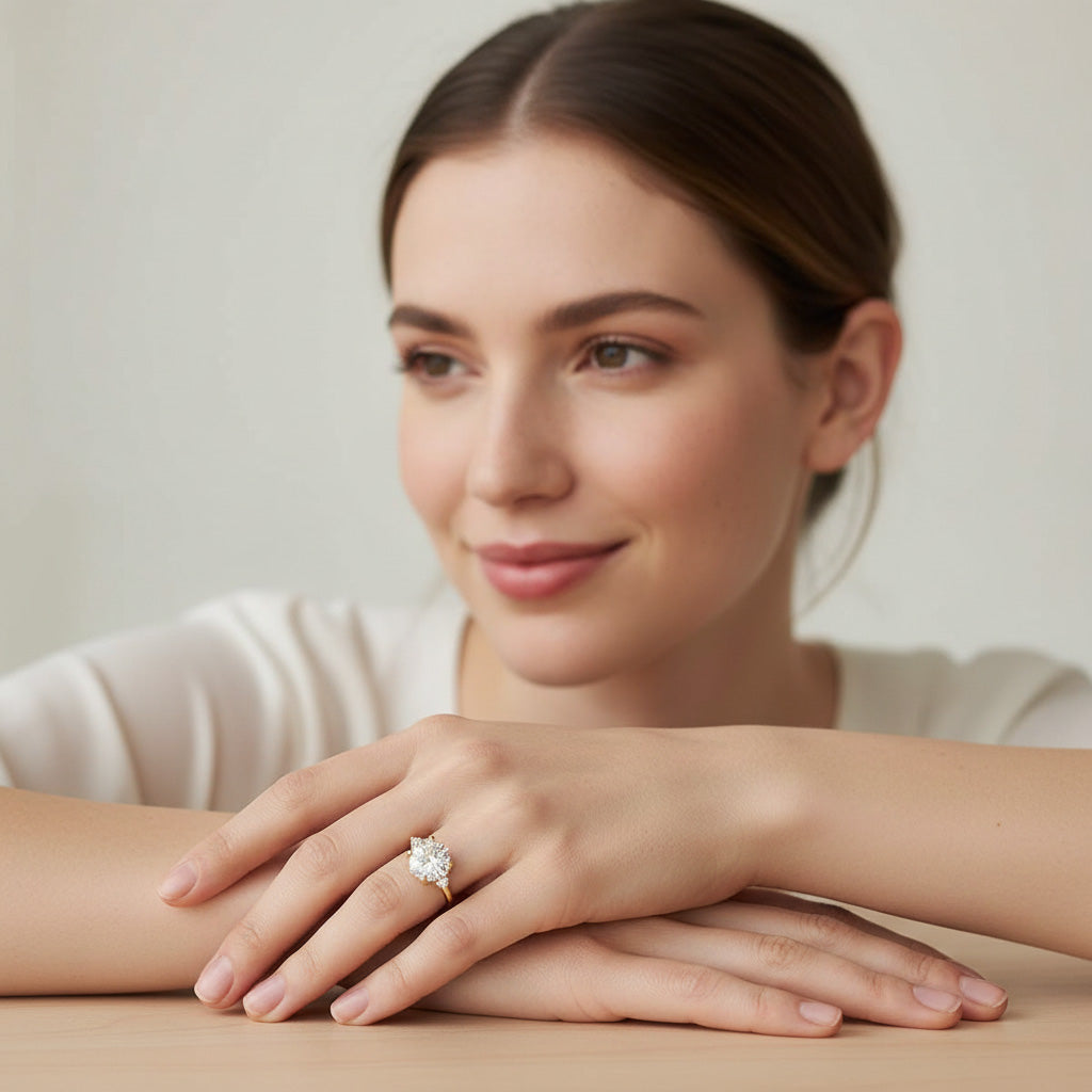 Model wearing gold 3ct moissanite ring at table