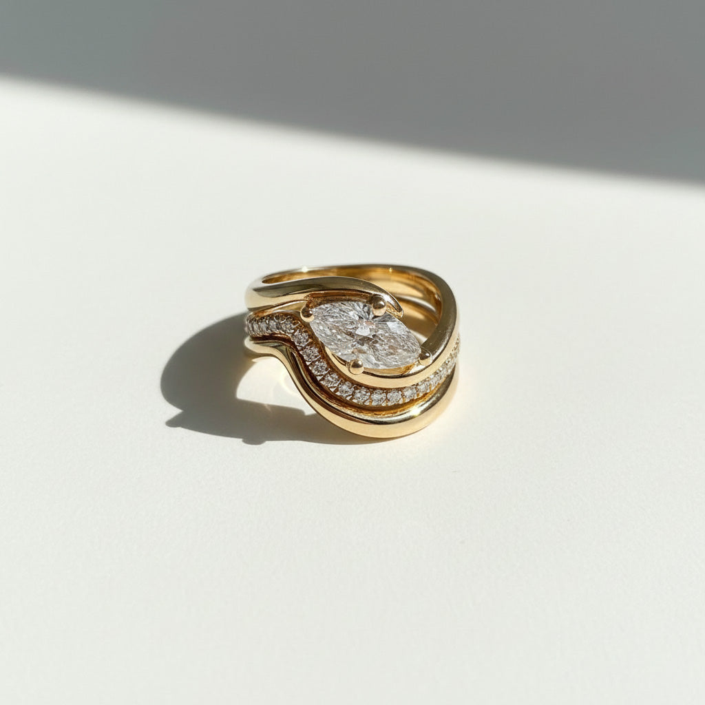 Gold sterling silver marquise moissanite bridal set in sunlight