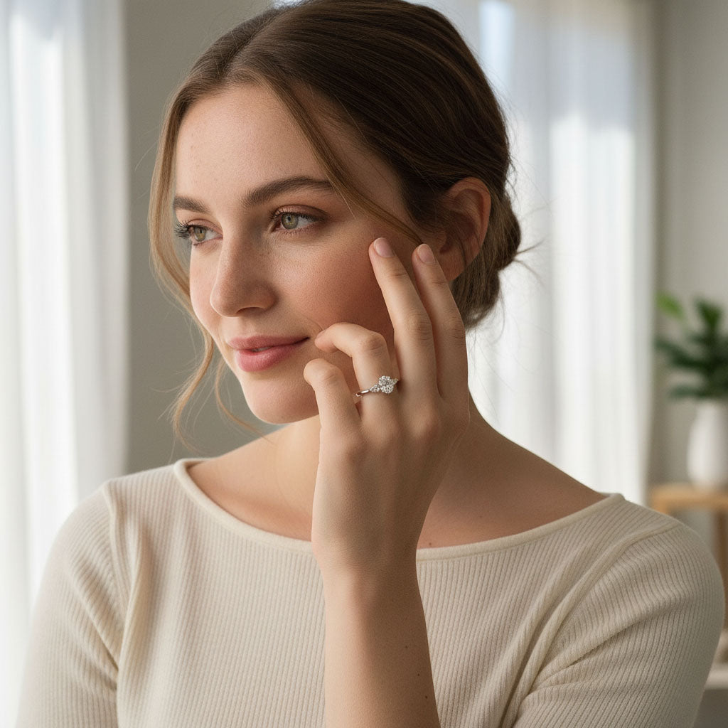 Model showcasing oval three-stone D/VVS1 moissanite ring in silver.