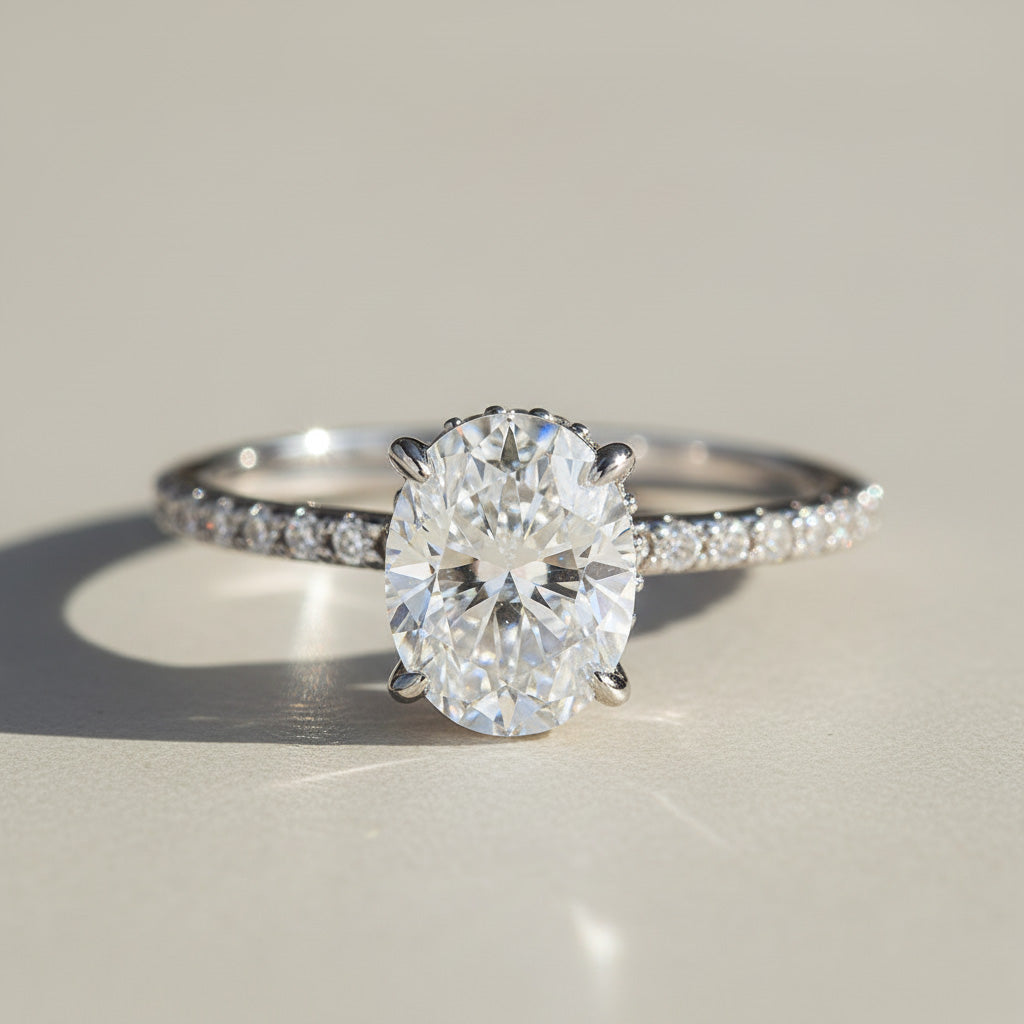 3ct Oval lab grown diamond solitaire ring with pavé band, platinum plated sterling silver