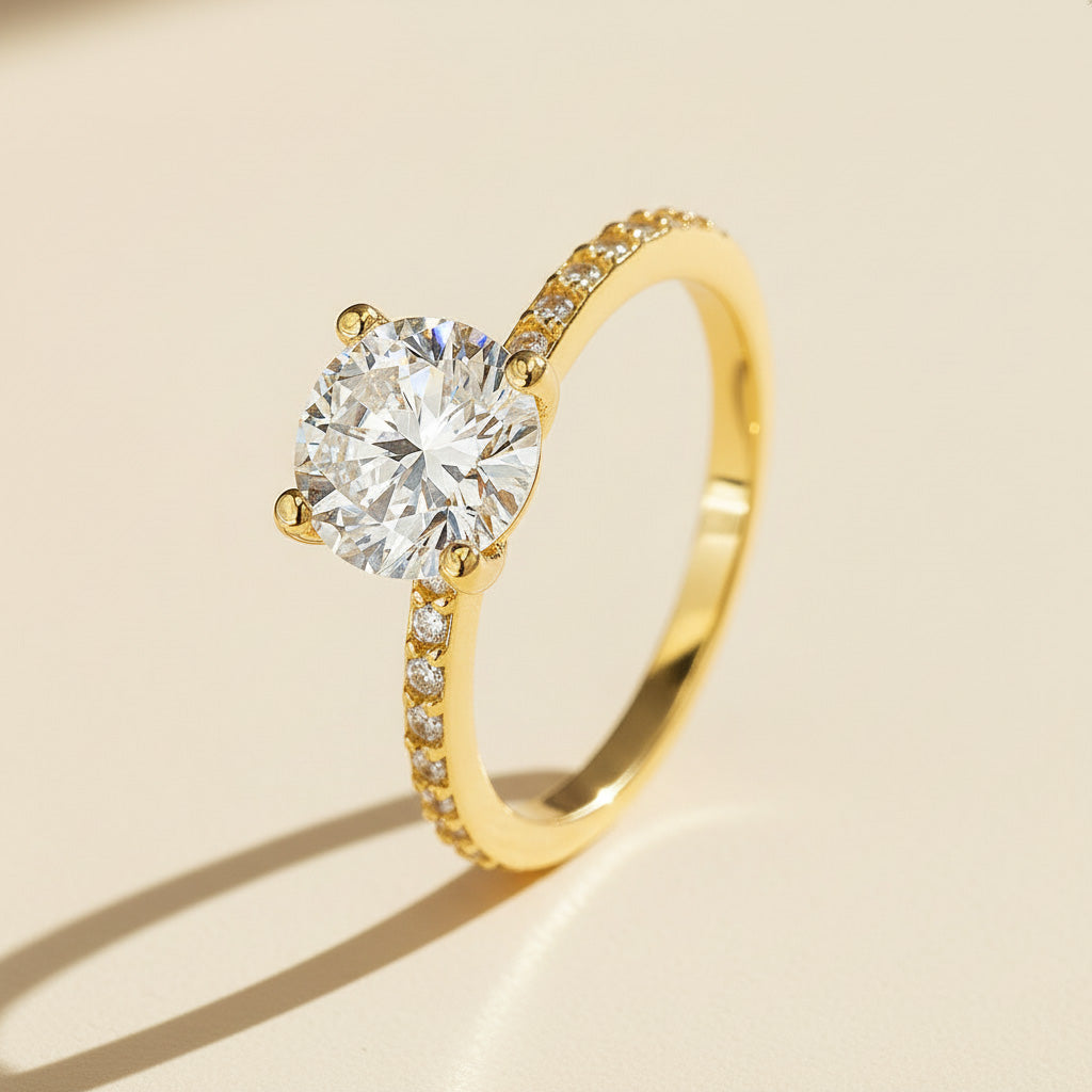 Close-up of D/VVS1 lab grown moissanite solitaire ring in gold plated silver