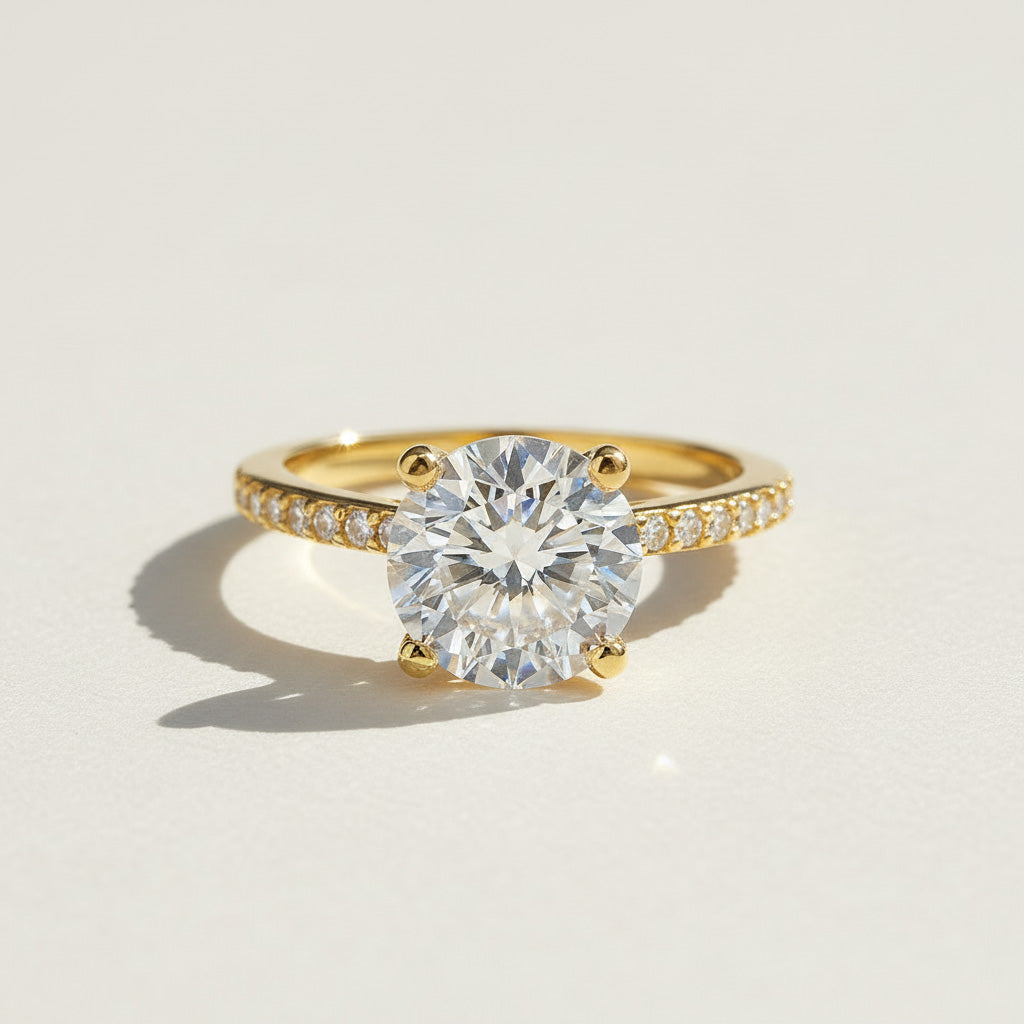 2ct lab grown moissanite solitaire ring with pavé band, gold plated silver