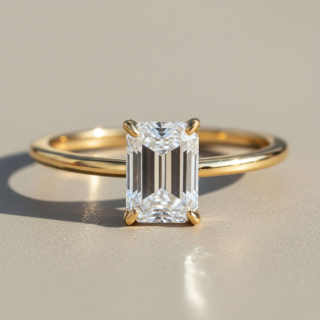 3ct Emerald cut lab grown moissanite ring in gold plated sterling silver