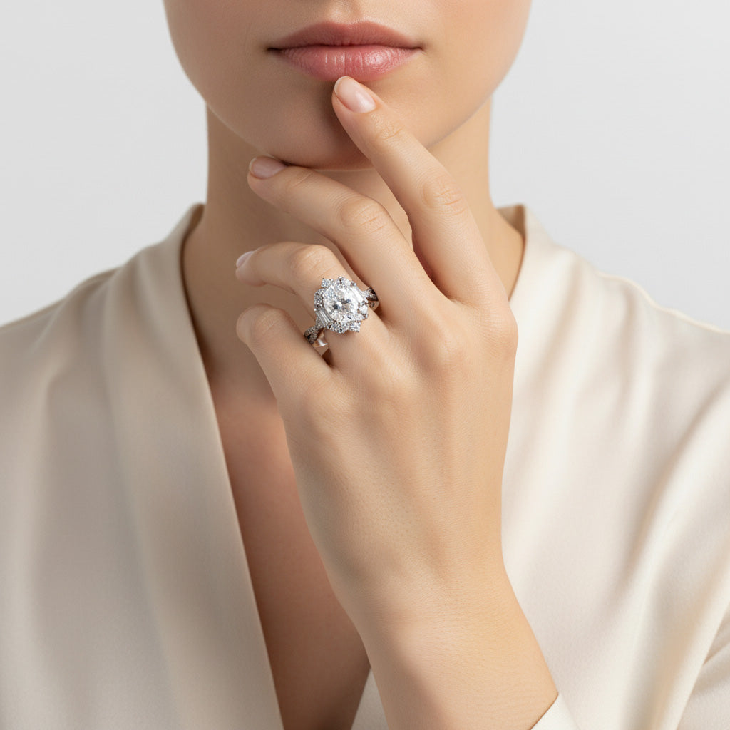 Close-up of a hand wearing a diamond ring with a neutral background