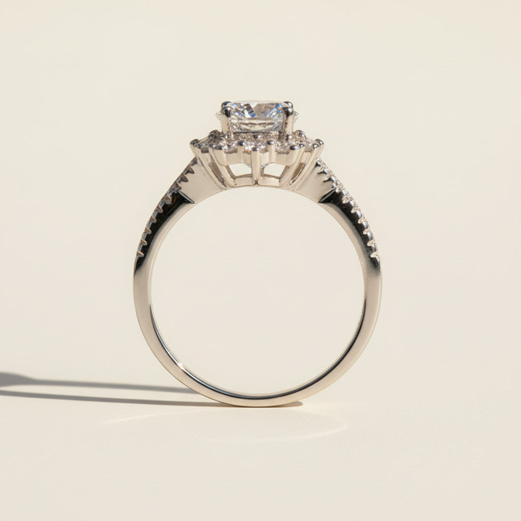 Side view of 2ct moissanite ring with pavé band detail