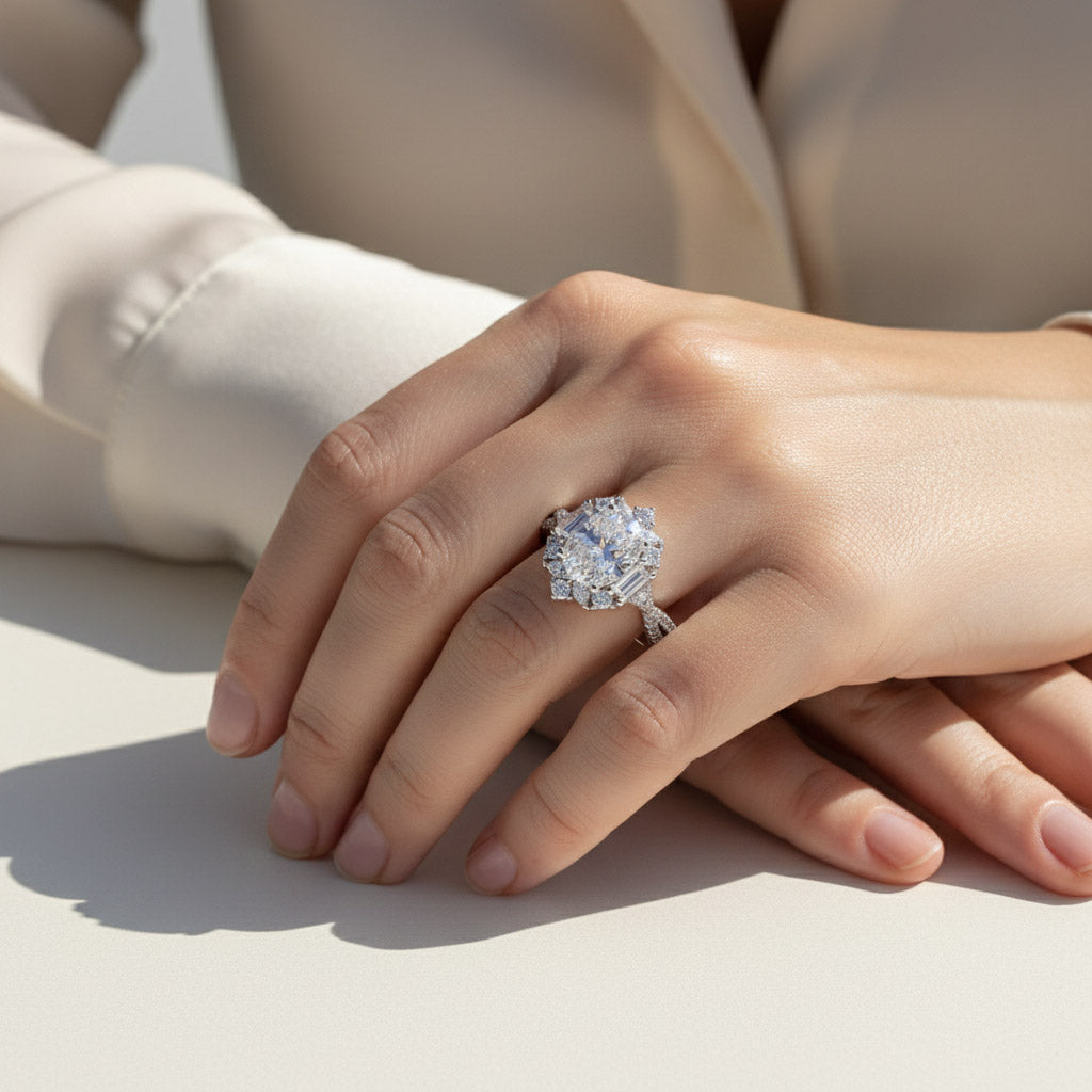 2ct moissanite engagement style ring worn on hand